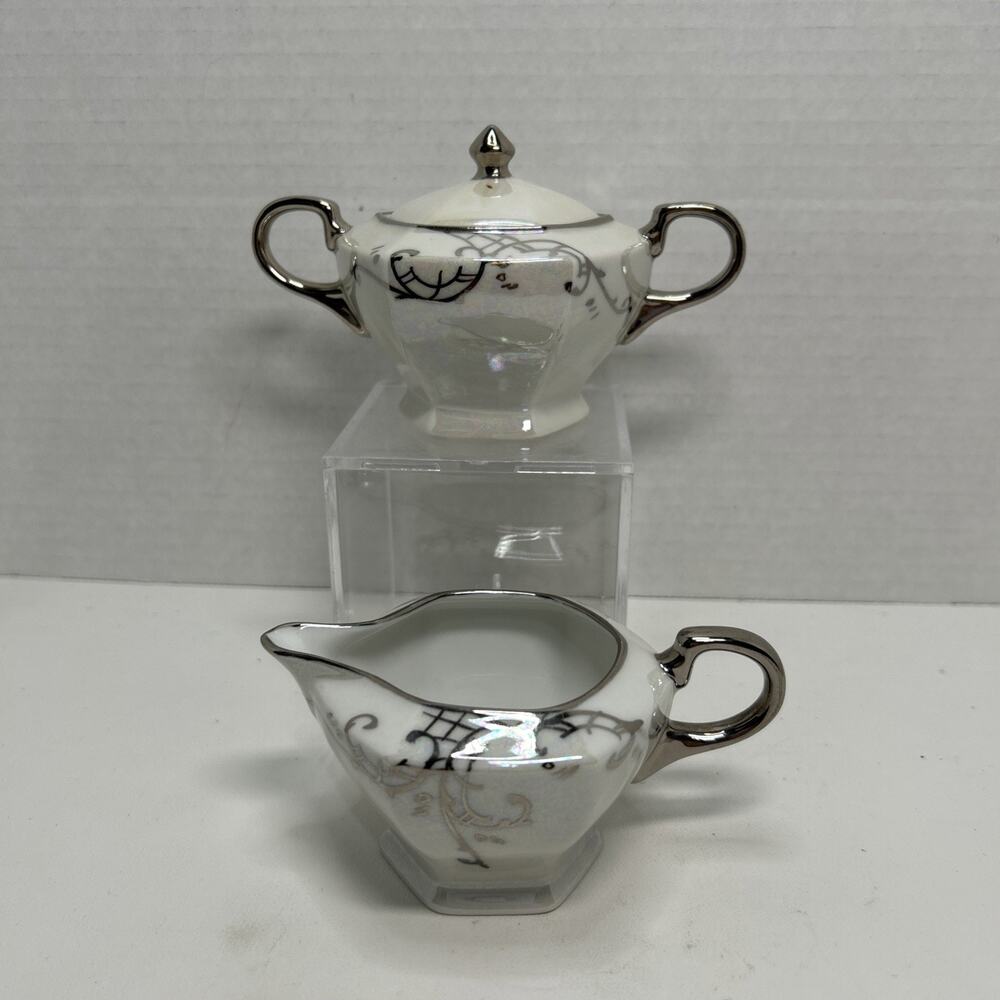 Vtg Lusterware Platinum Silver Iridescent Art Deco Cream Lidded Sugar Bowl Set